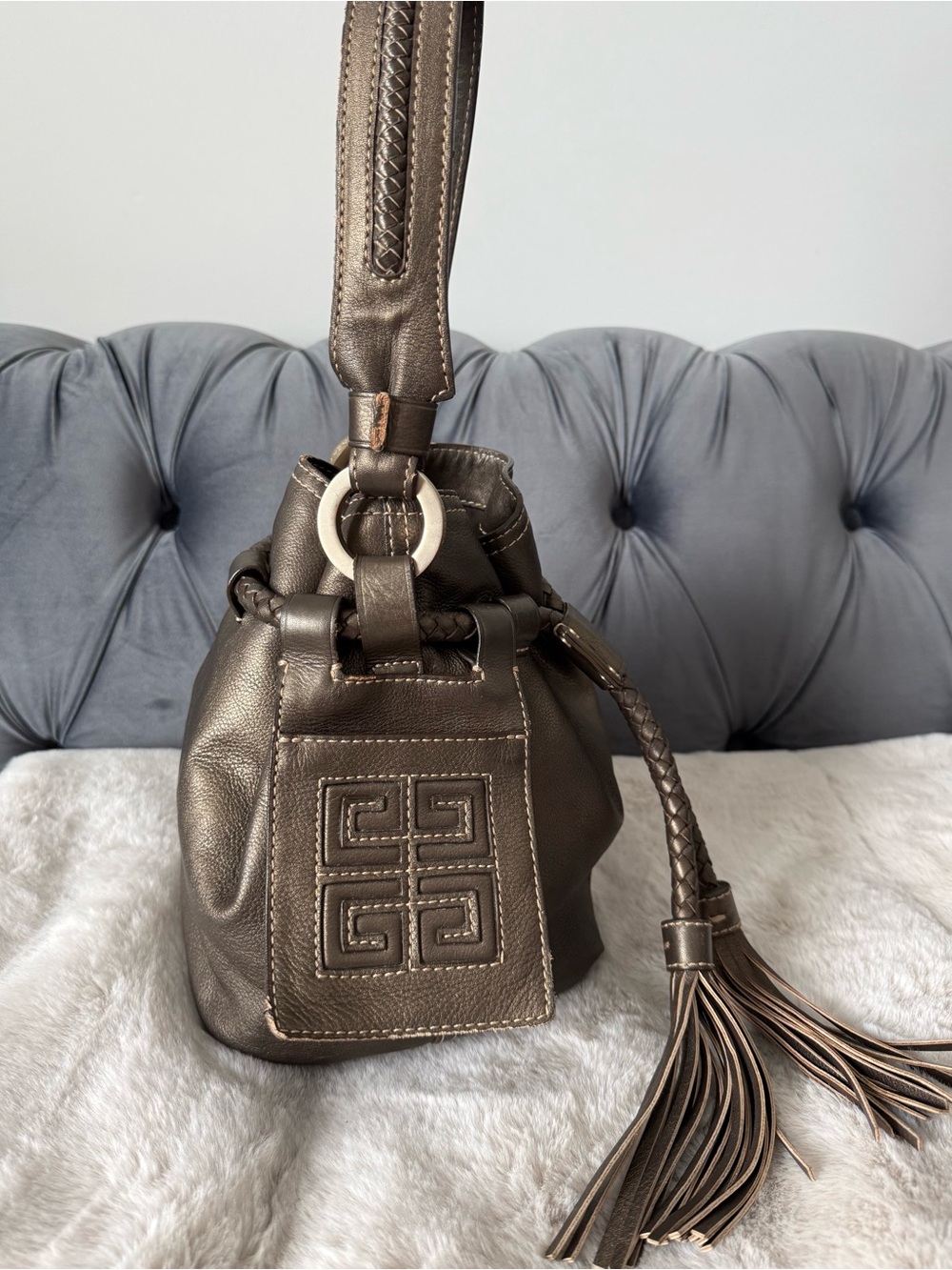 Authentic Givenchy Bronze Leather Bucket Hobo Bag Braided Tassels Y2K Made Italy